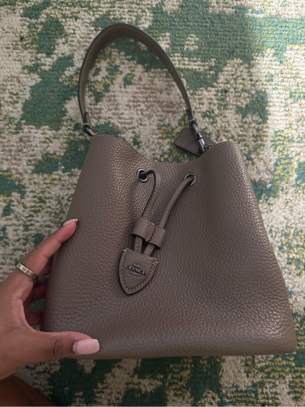 Coach Taupe Pebbled Leather Drawstring Dark Stone